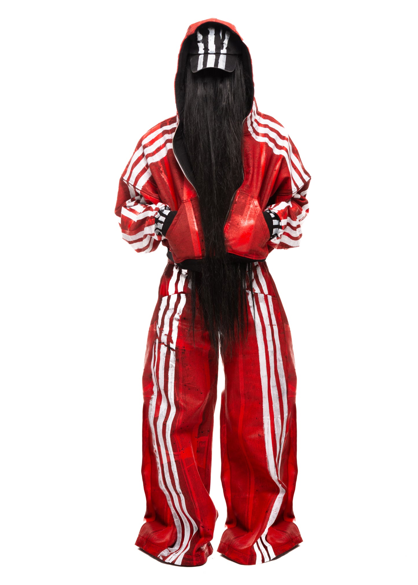 WHITE STRIPES WAXED RED ZIP HOODIE