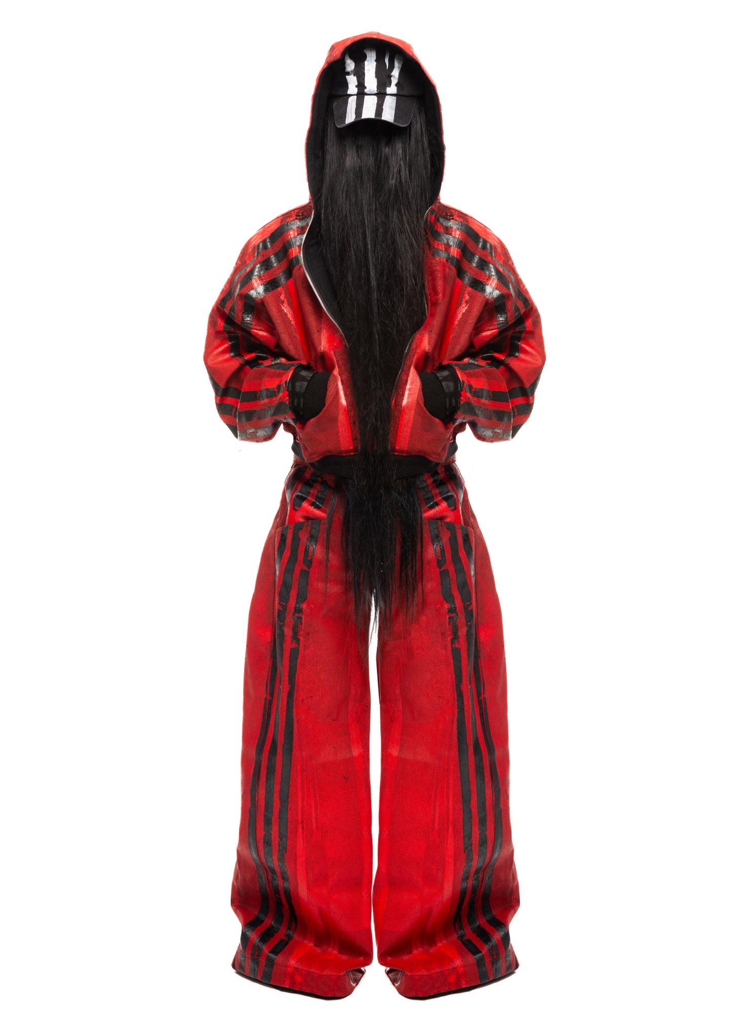 BLACK STRIPES WAXED RED ZIP HOODIE