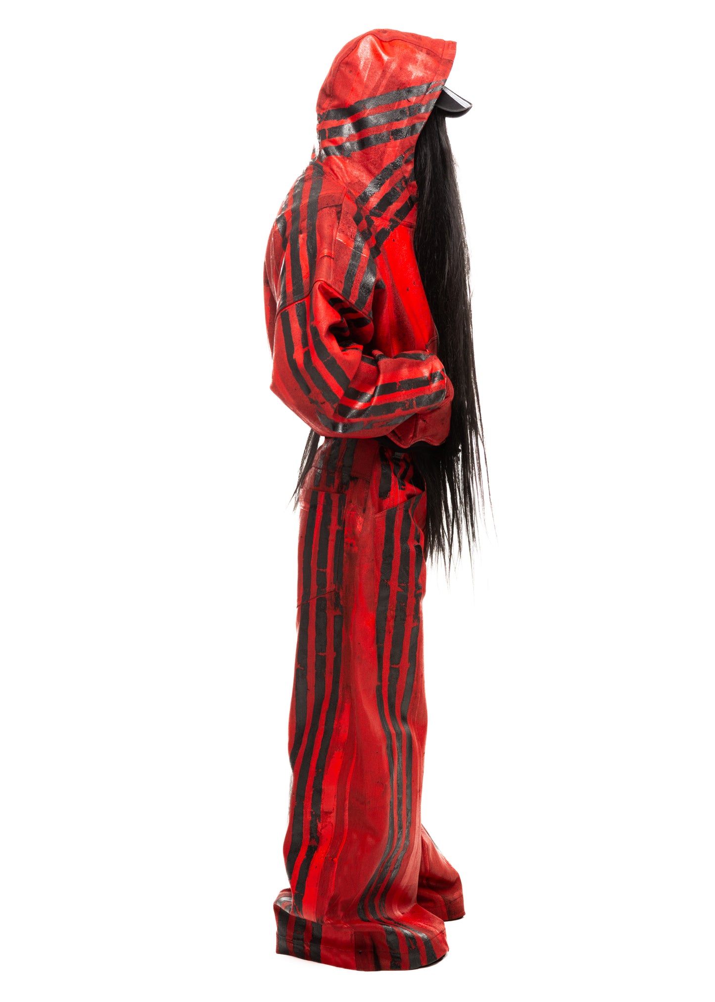 BLACK STRIPES WAXED RED ZIP HOODIE