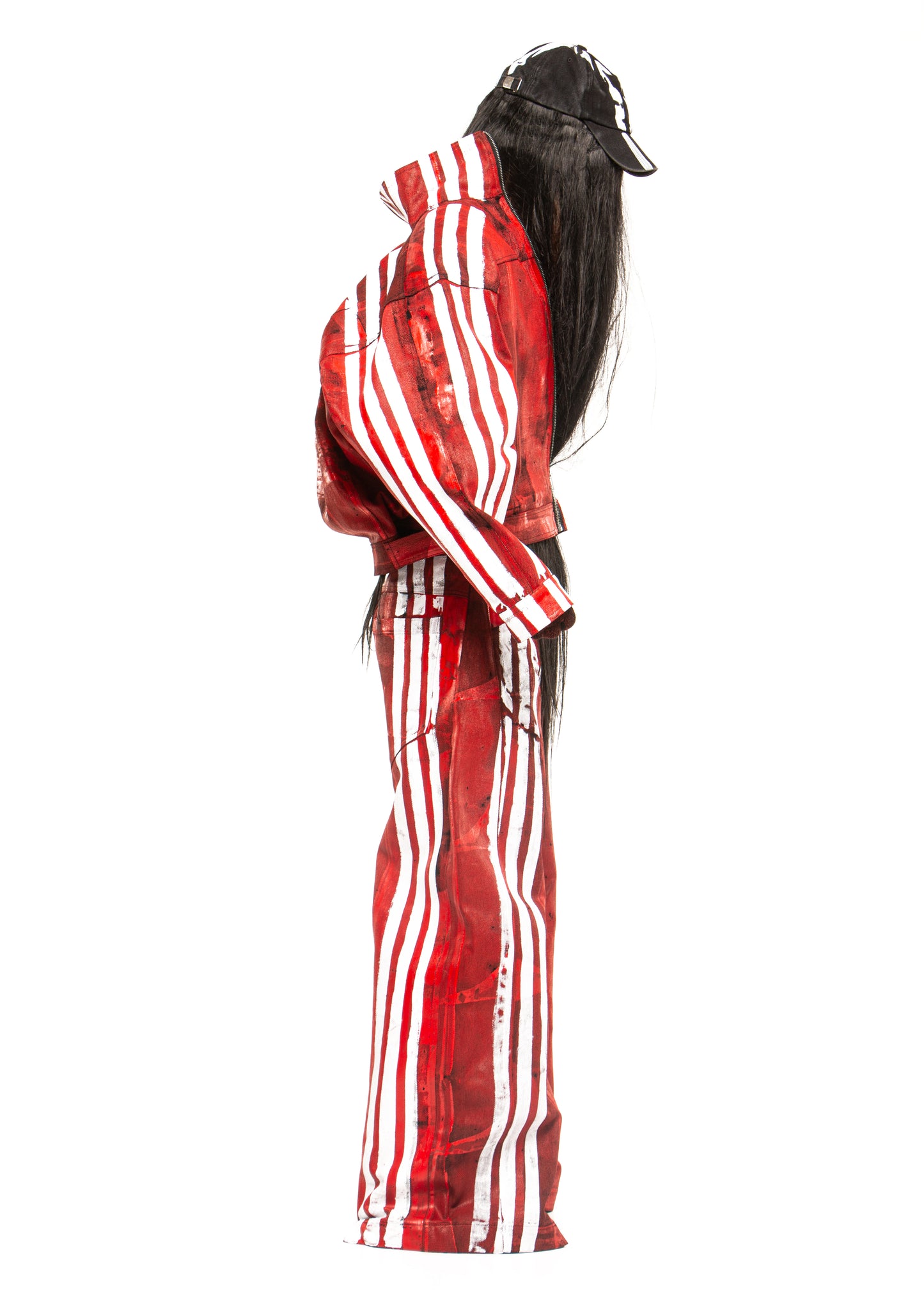 WHITE STRIPES WAXED RED DENIM JACKET