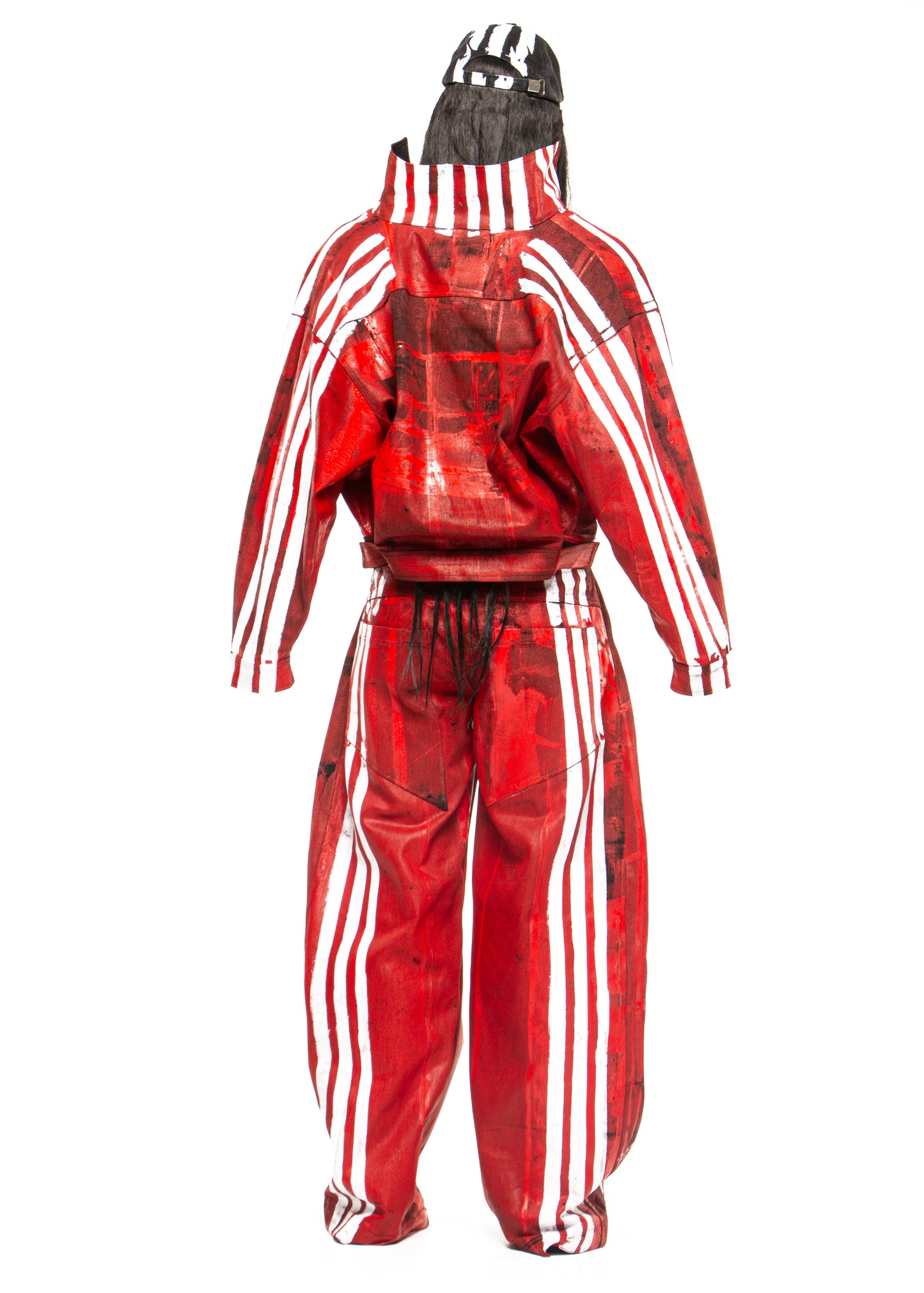 WHITE STRIPES WAXED RED DENIM JACKET