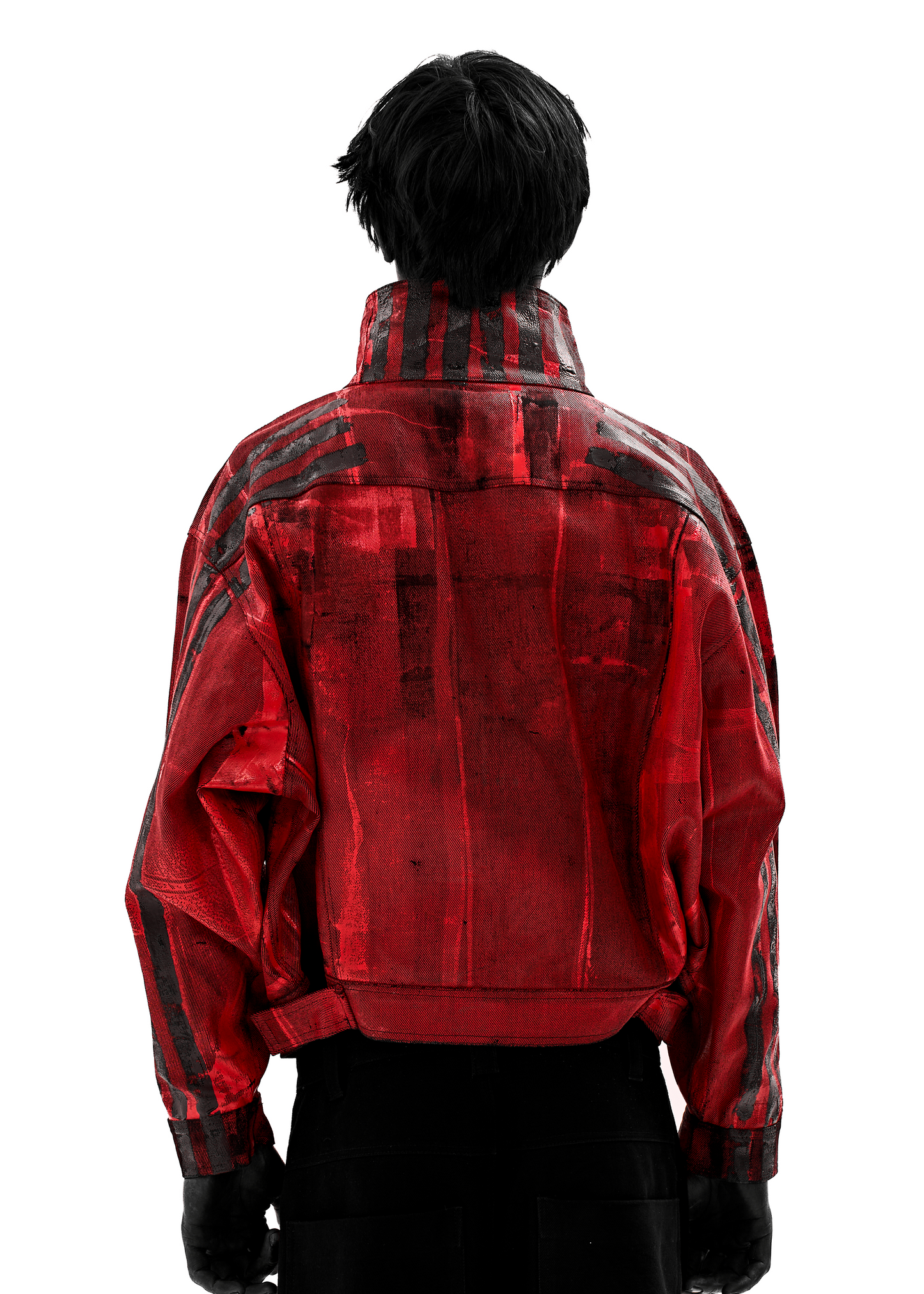 BLACK STRIPES WAXED RED DENIM JACKET