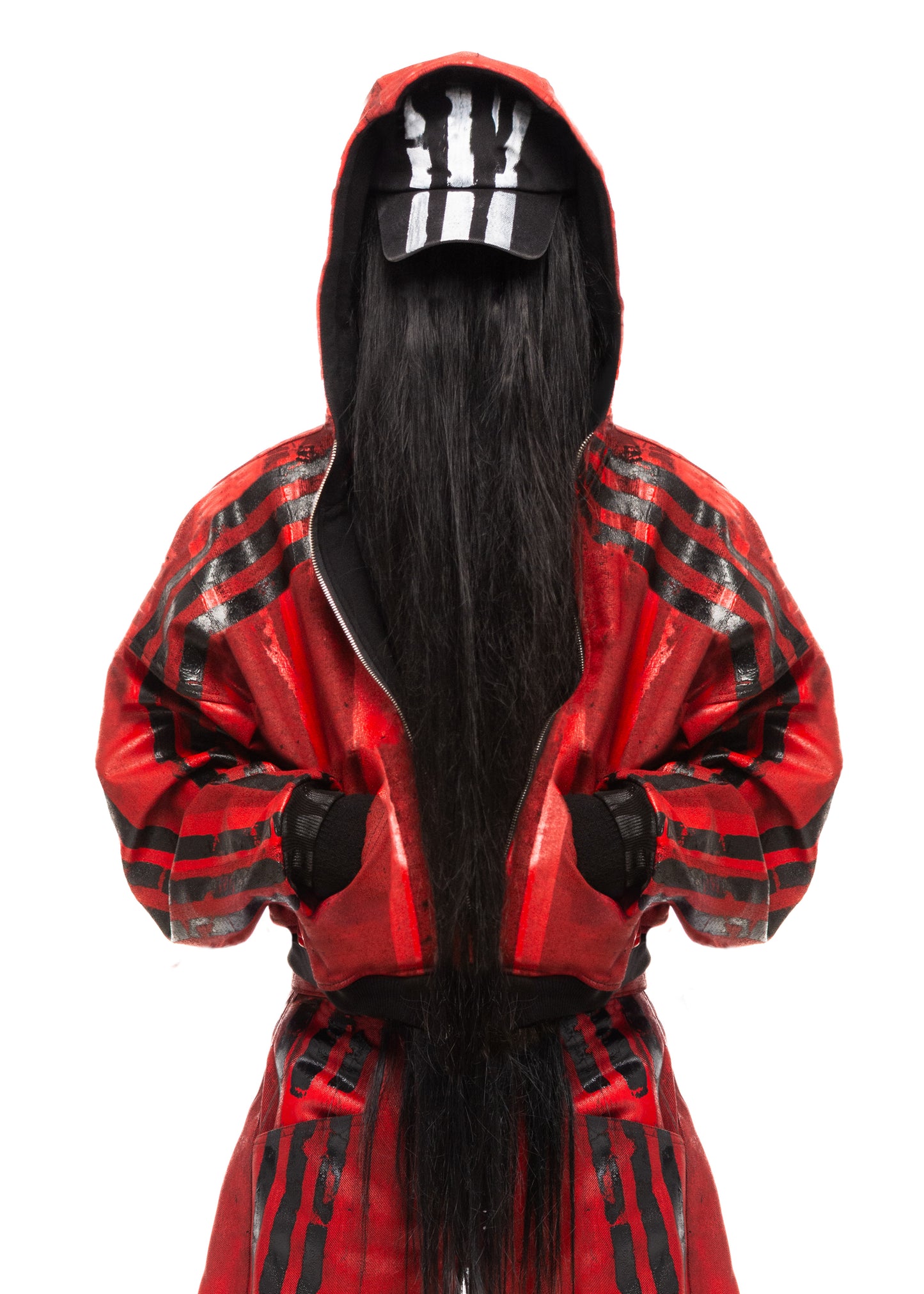 BLACK STRIPES WAXED RED ZIP HOODIE