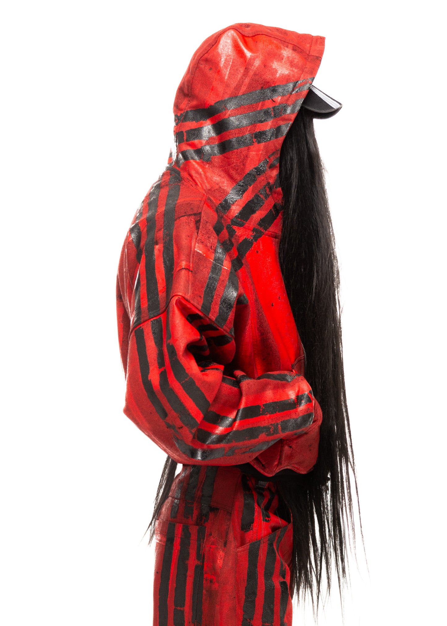 BLACK STRIPES WAXED RED ZIP HOODIE