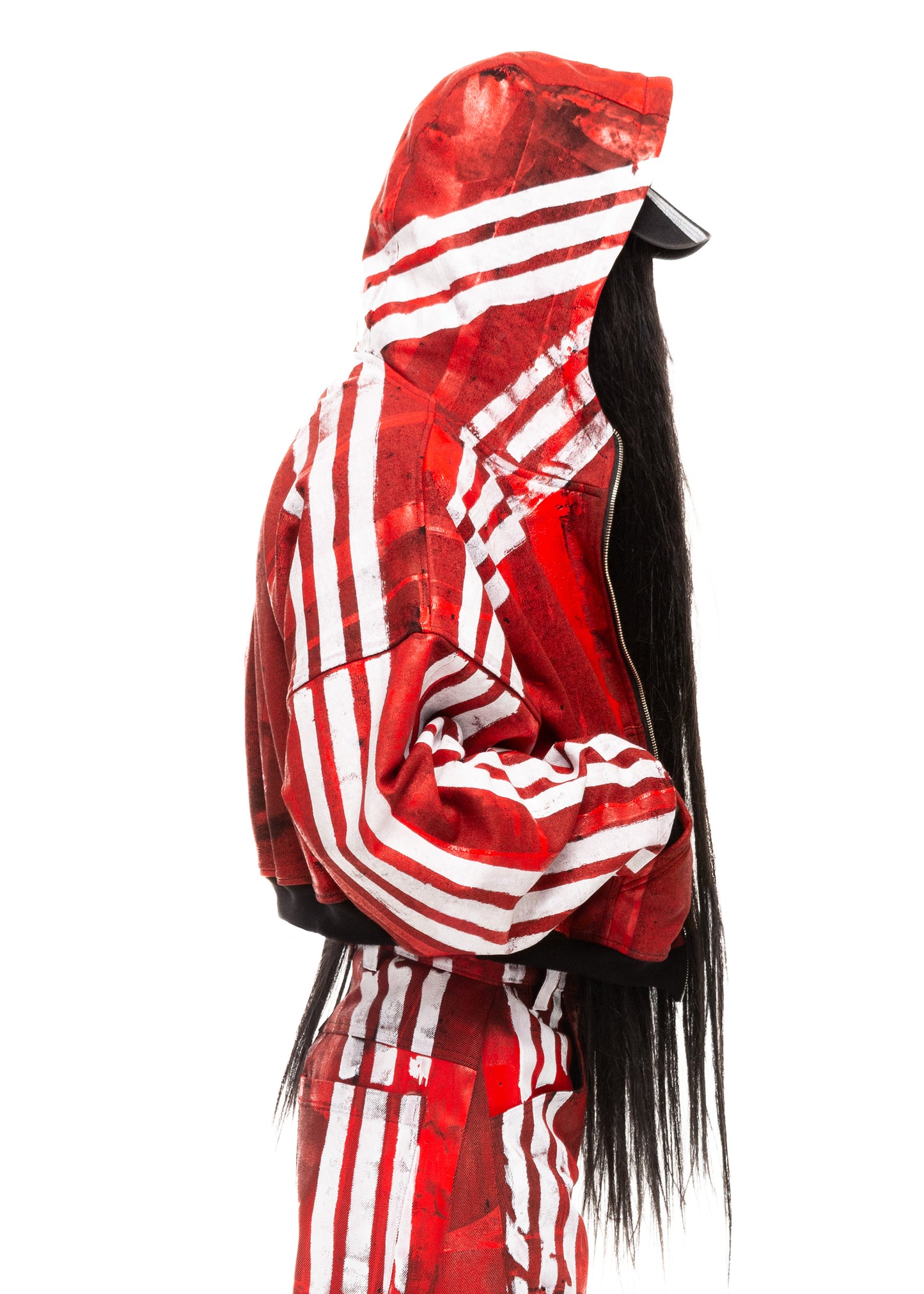 WHITE STRIPES WAXED RED ZIP HOODIE