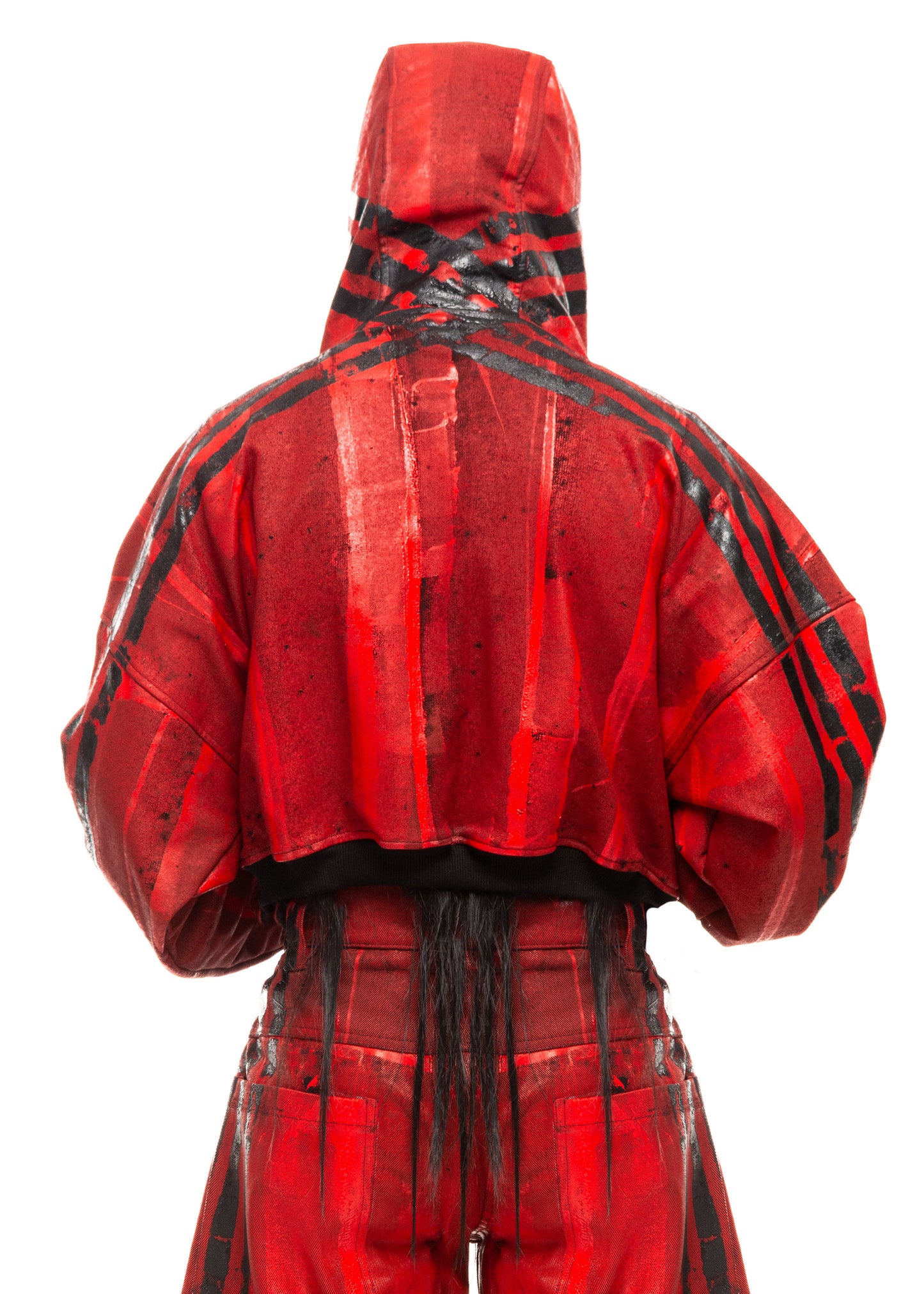 BLACK STRIPES WAXED RED ZIP HOODIE