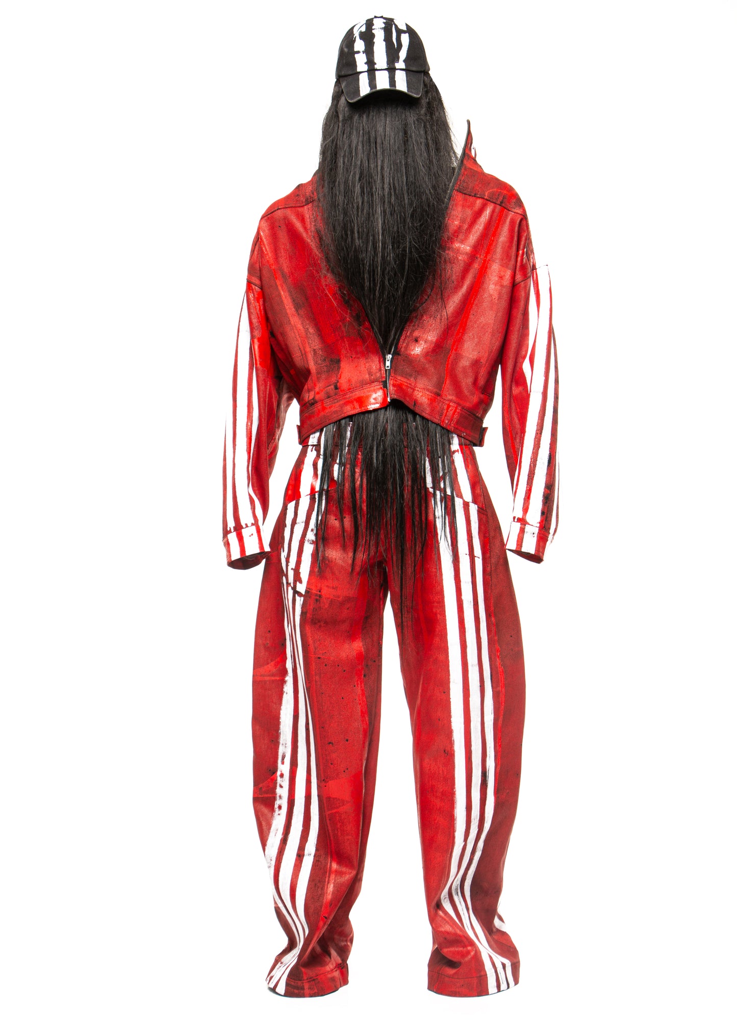 WHITE STRIPES WAXED RED DENIM JACKET