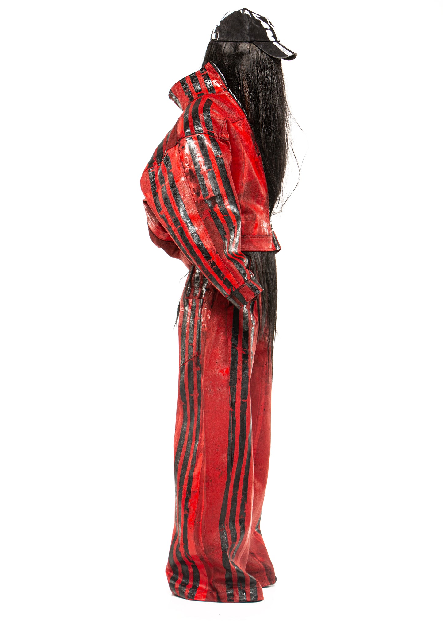 BLACK STRIPES WAXED RED DENIM JACKET