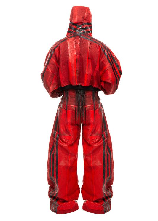 BLACK STRIPES WAXED RED ZIP HOODIE