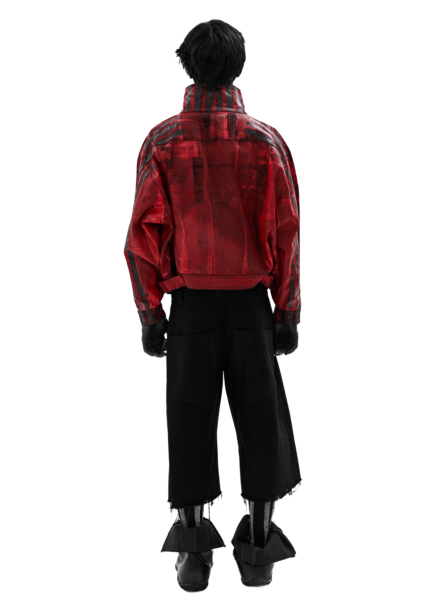 BLACK STRIPES WAXED RED DENIM JACKET