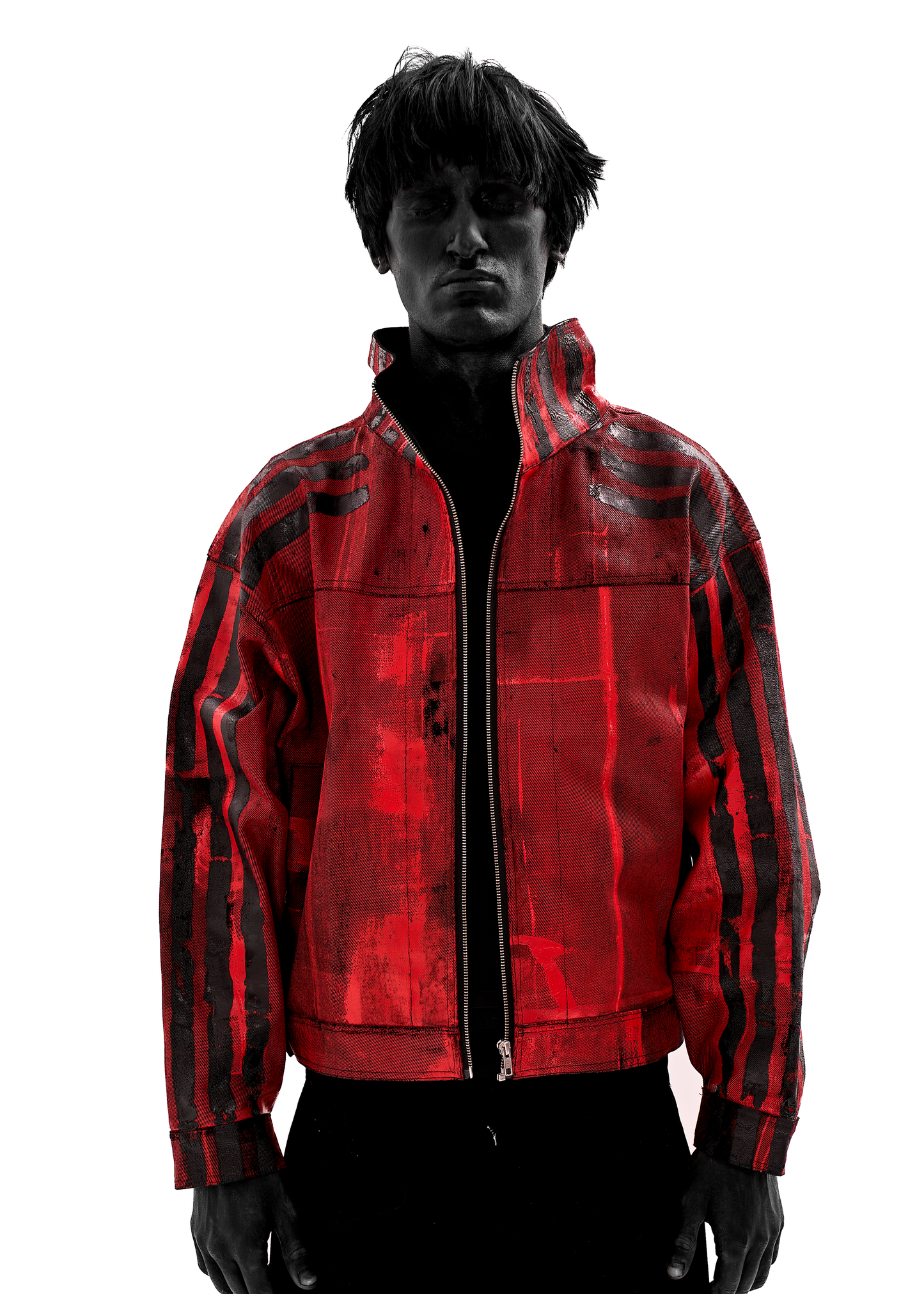 BLACK STRIPES WAXED RED DENIM JACKET