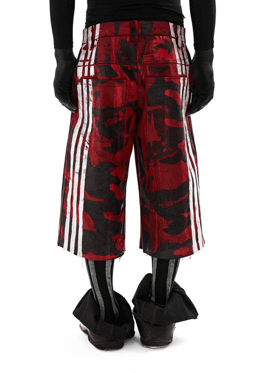 CAMO STRIPES WAXED RED DENIM SHORTS