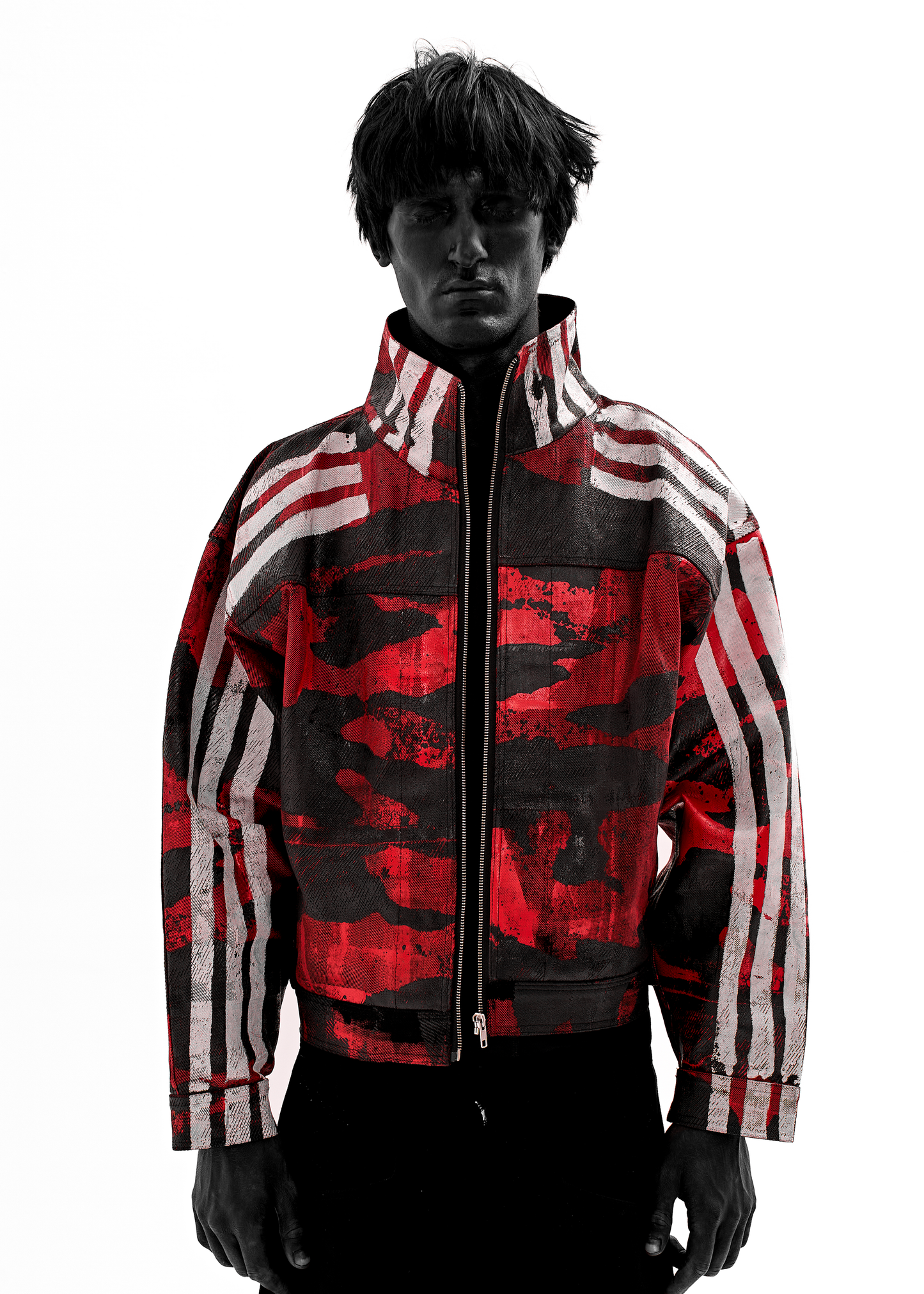 CAMO STRIPES WAXED RED DENIM JACKET