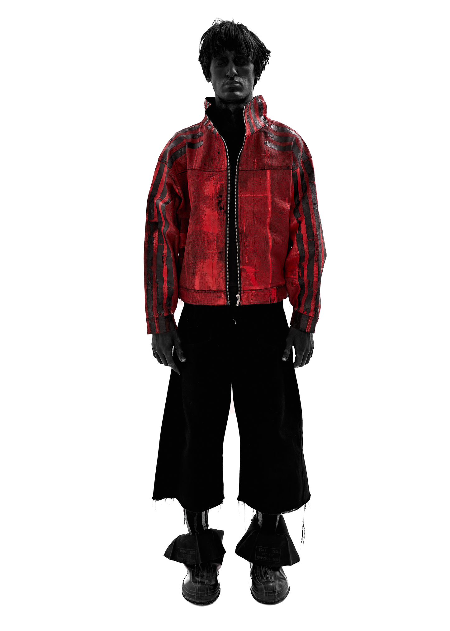 BLACK STRIPES WAXED RED DENIM JACKET