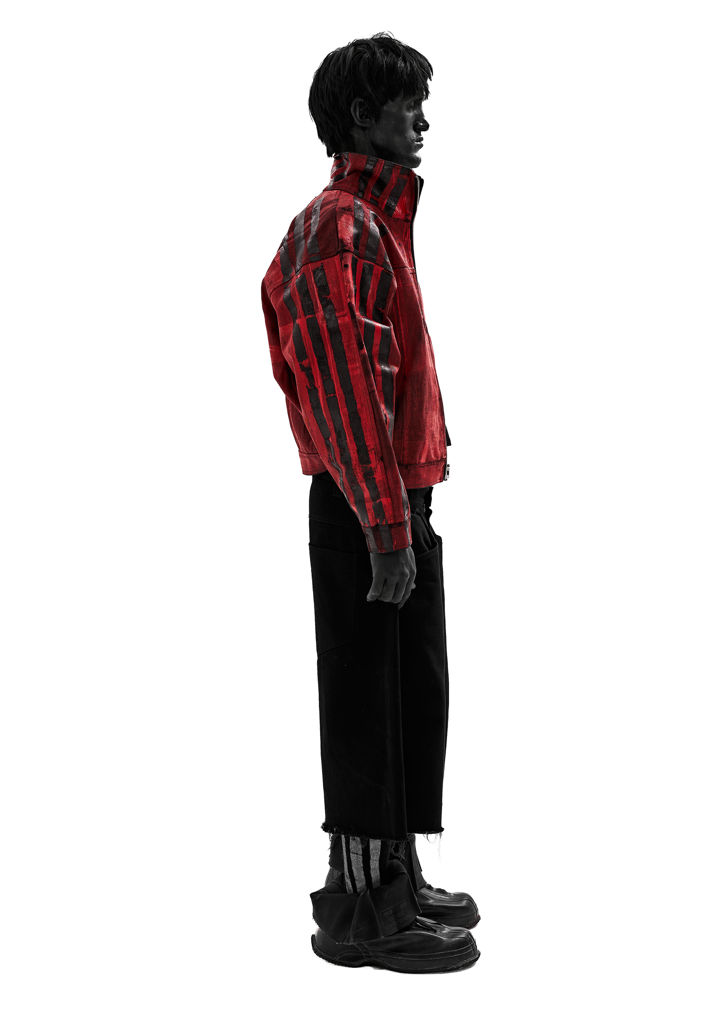 BLACK STRIPES WAXED RED DENIM JACKET