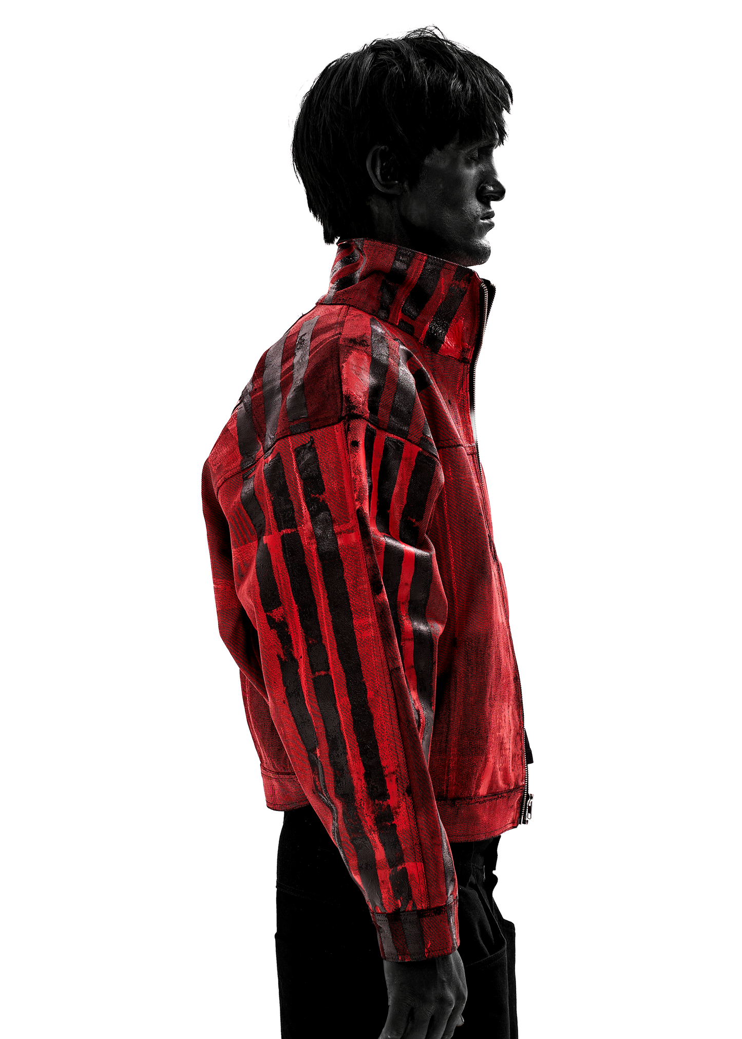 BLACK STRIPES WAXED RED DENIM JACKET