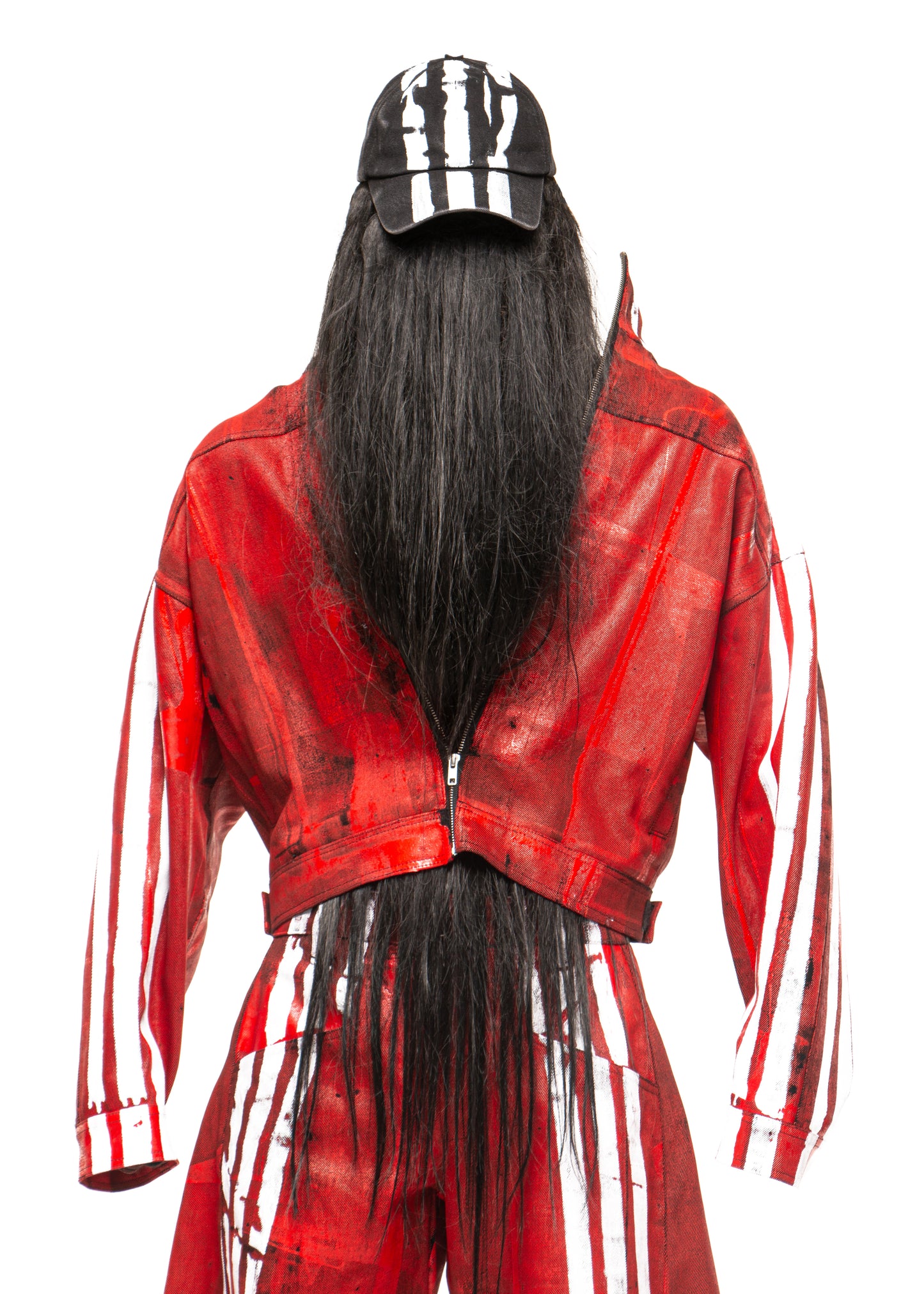 WHITE STRIPES WAXED RED DENIM JACKET