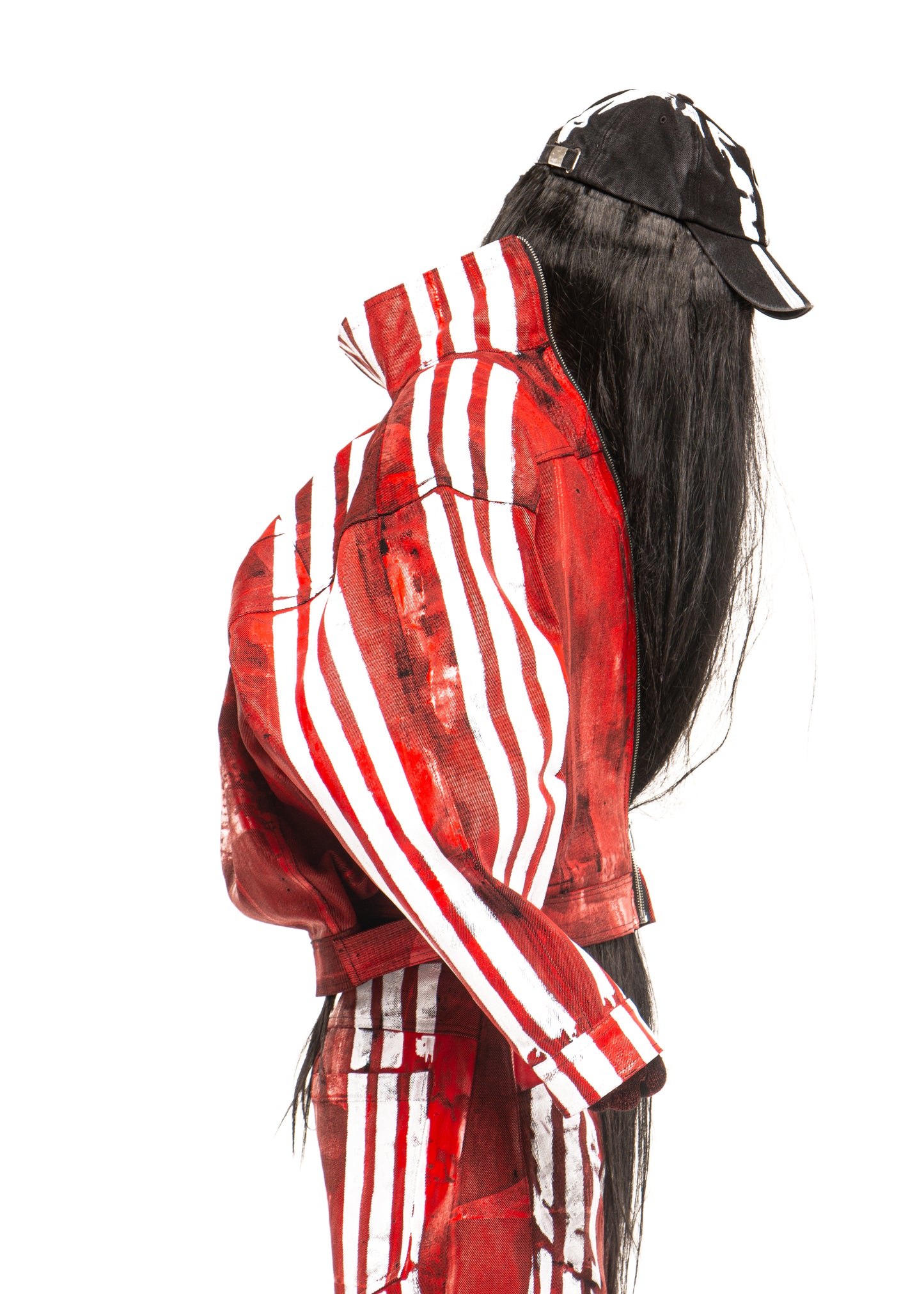 WHITE STRIPES WAXED RED DENIM JACKET