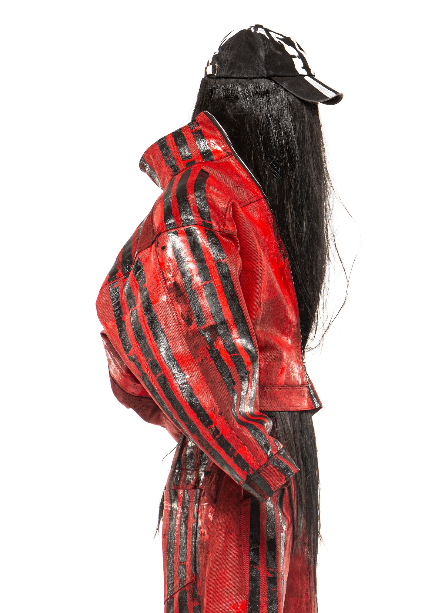 BLACK STRIPES WAXED RED DENIM JACKET