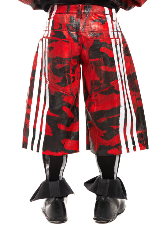 CAMO STRIPES WAXED RED DENIM SHORTS