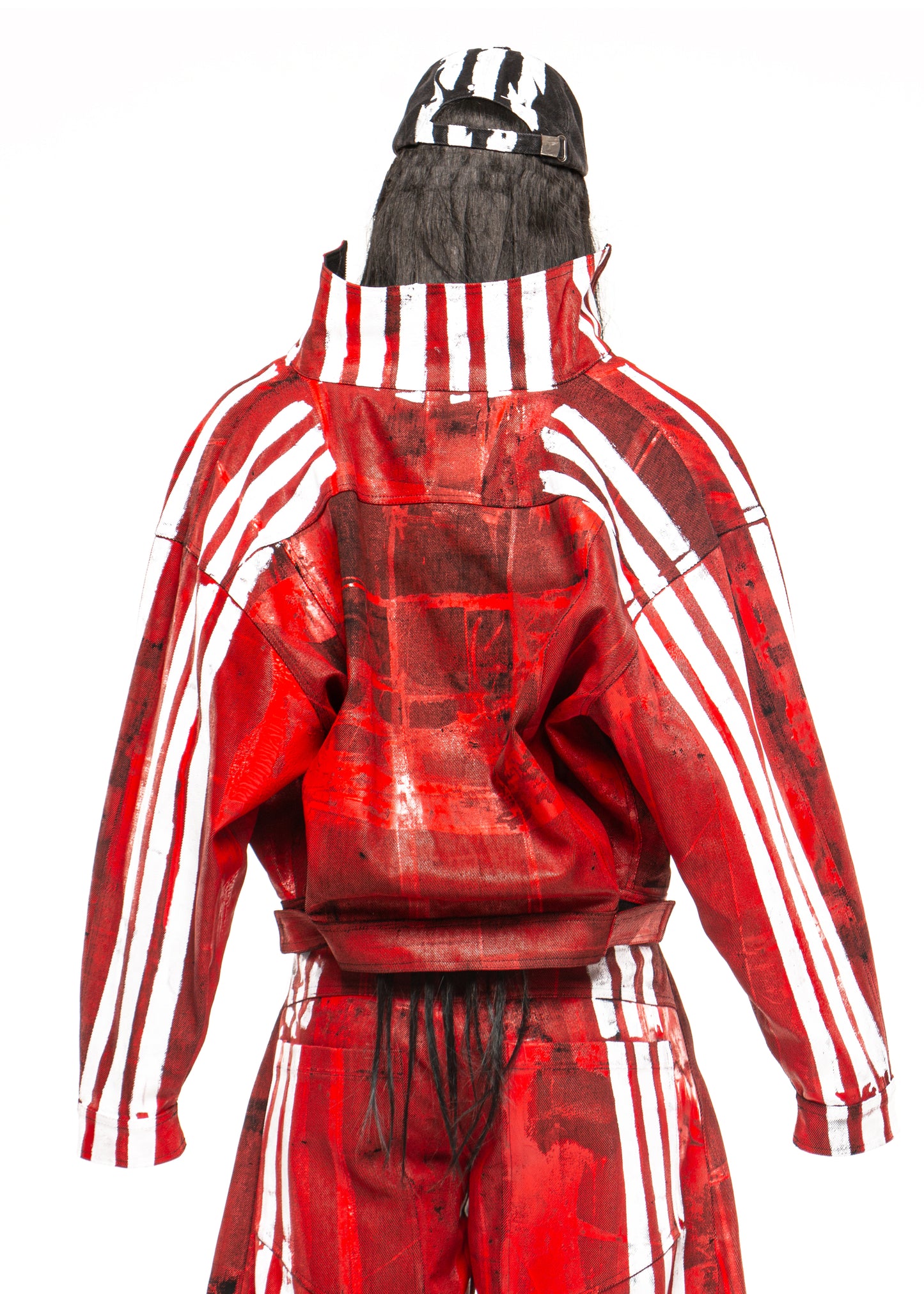 WHITE STRIPES WAXED RED DENIM JACKET