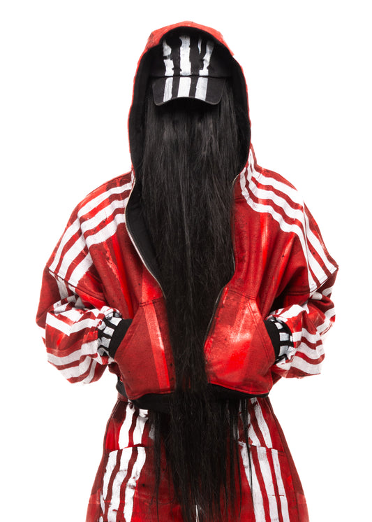 WHITE STRIPES WAXED RED ZIP HOODIE